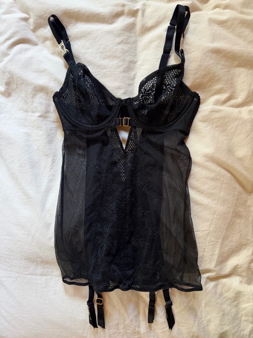 Sheer Black Lace Babydoll Chemise with Garter Straps Victorias Secret 34c